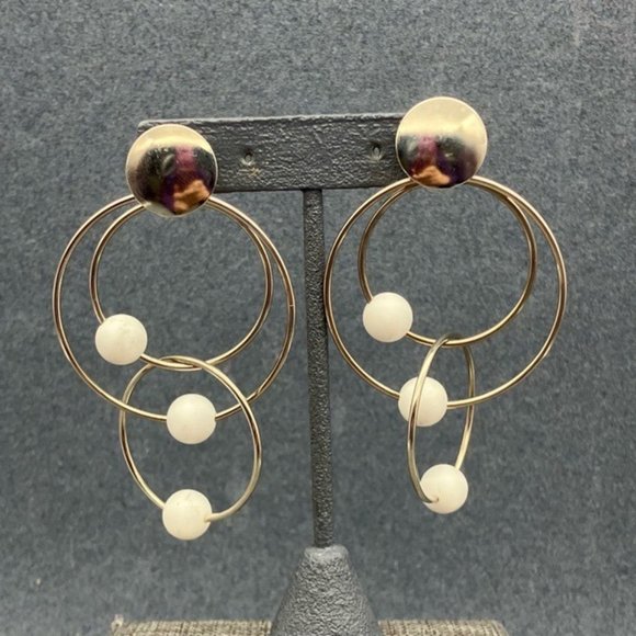 New Ave Pierced Dangle Earrings Triple Hoop Silver White Sliding Bead 80S Retro - Picture 1 of 3